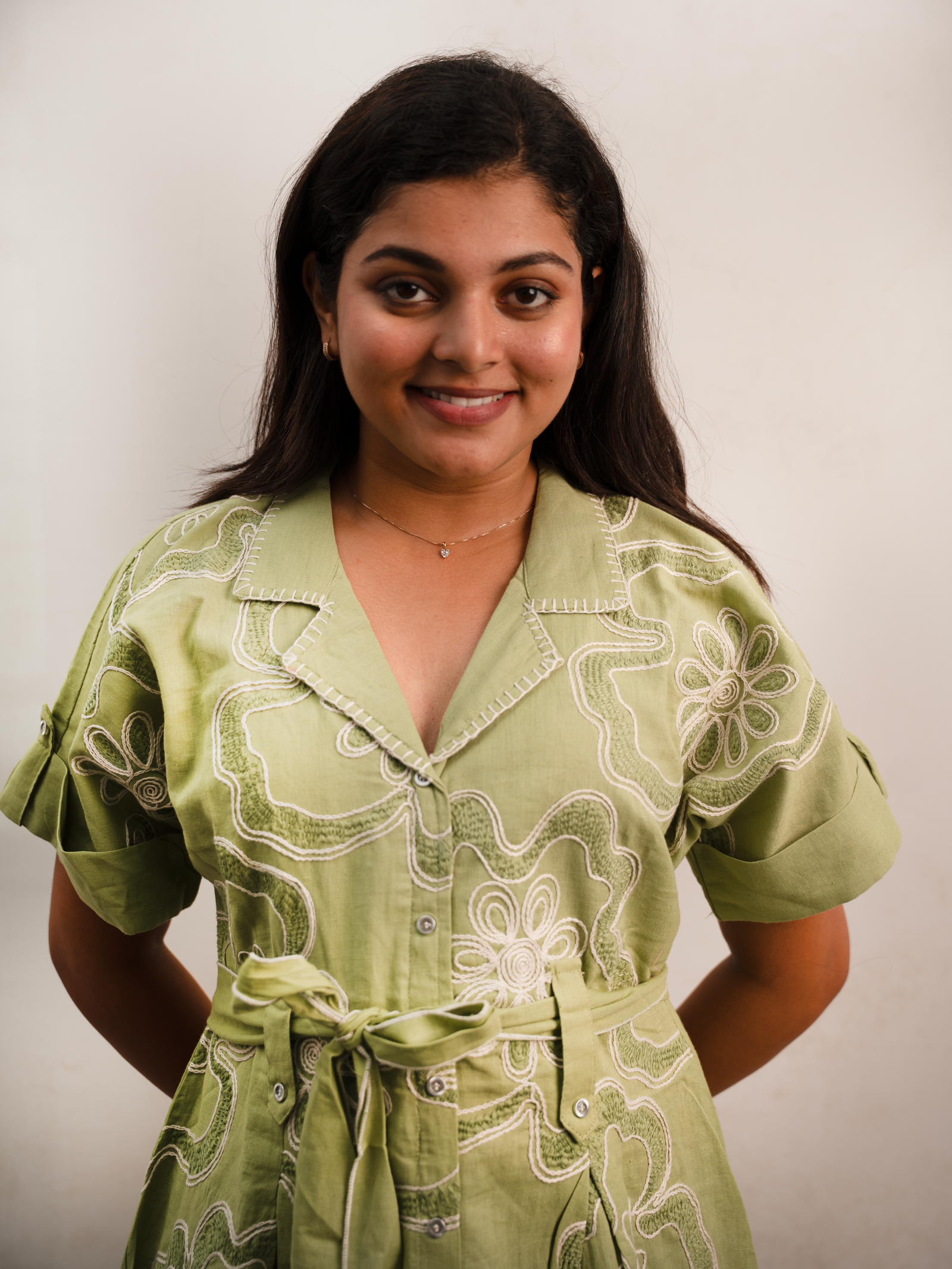 Olive Green Embroidered Floral Shirt Dress with Waist Tie - Image 3