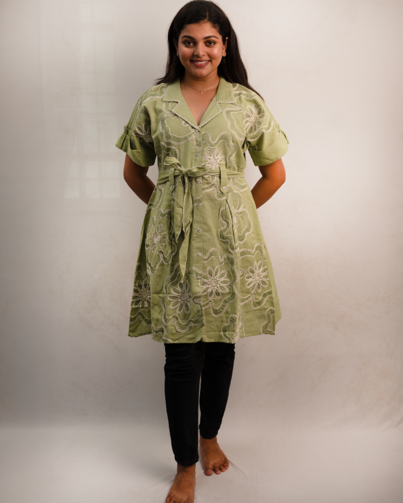 Olive Green Embroidered Floral Shirt Dress with Waist Tie