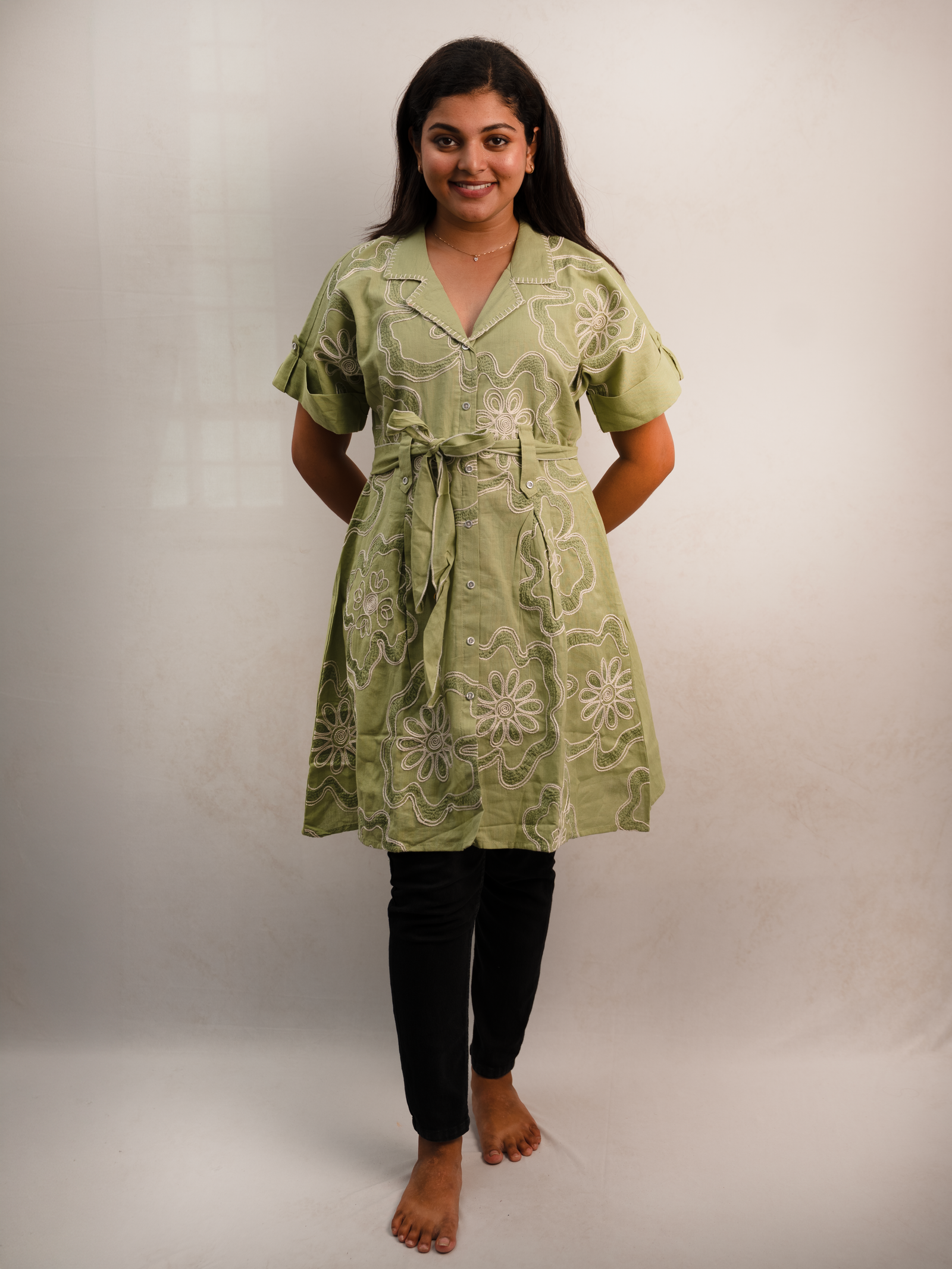 Olive Green Embroidered Floral Shirt Dress with Waist Tie