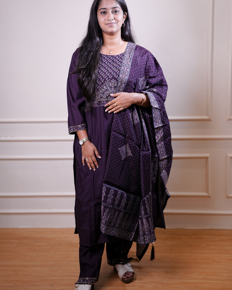 Deep Plum Embroidered Kurta Set with Printed Dupatta