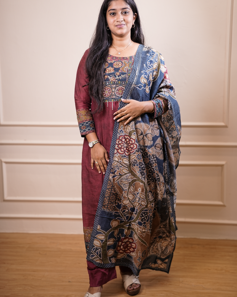 Maroon Embroidered Kurta Set with Printed Dupatta