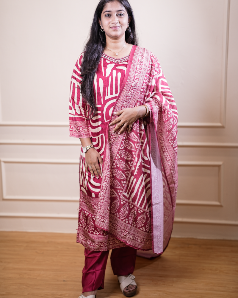 Printed Kurta Set with Matching Dupatta – Maroon & Cream