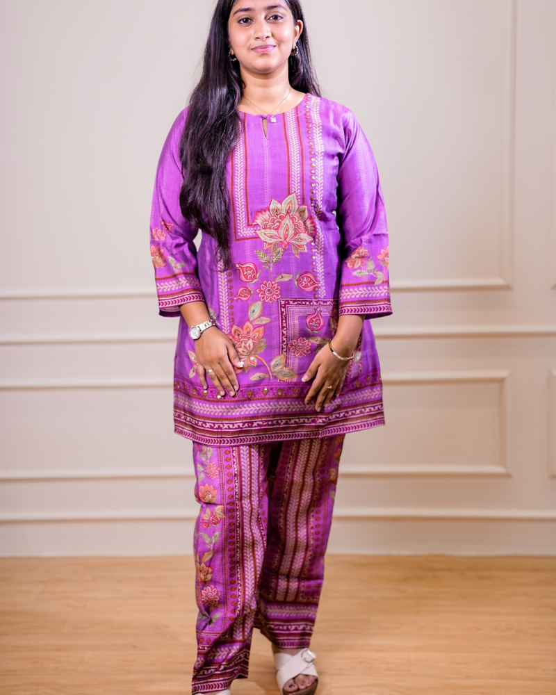 Printed Kurta Set – Purple Floral Design