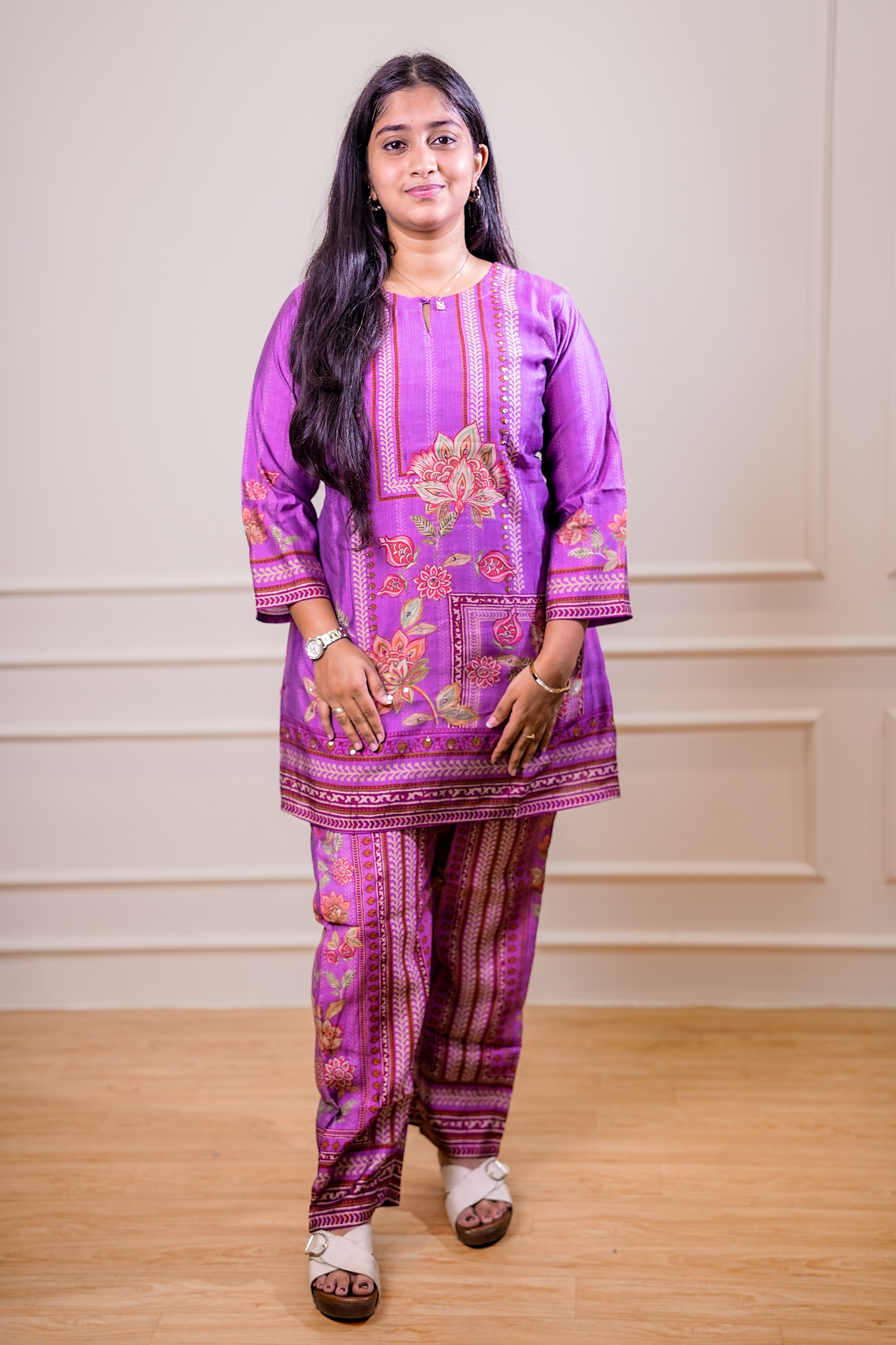 Printed Kurta Set – Purple Floral Design