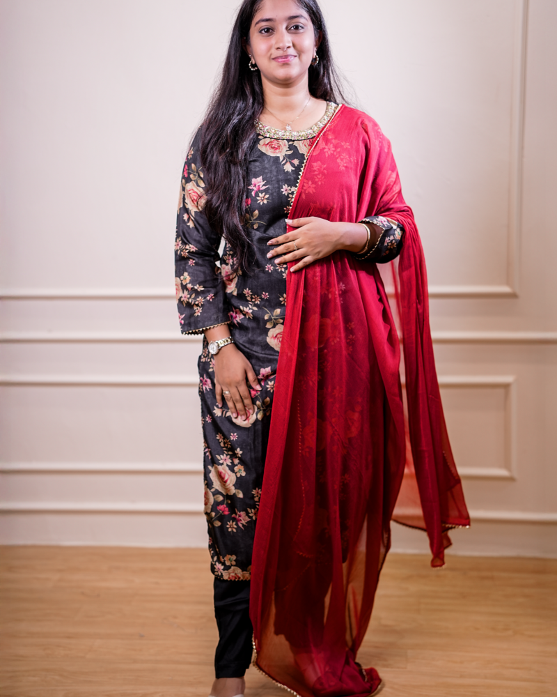 Black Floral Printed Kurta Set with Red Dupatta