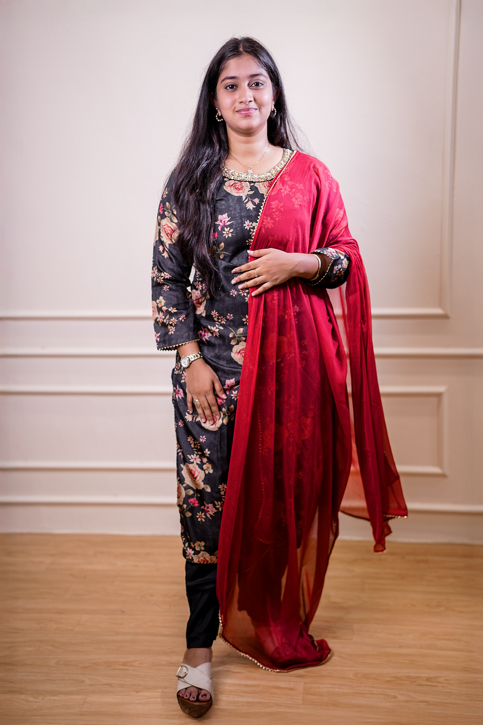 Black Floral Printed Kurta Set with Red Dupatta