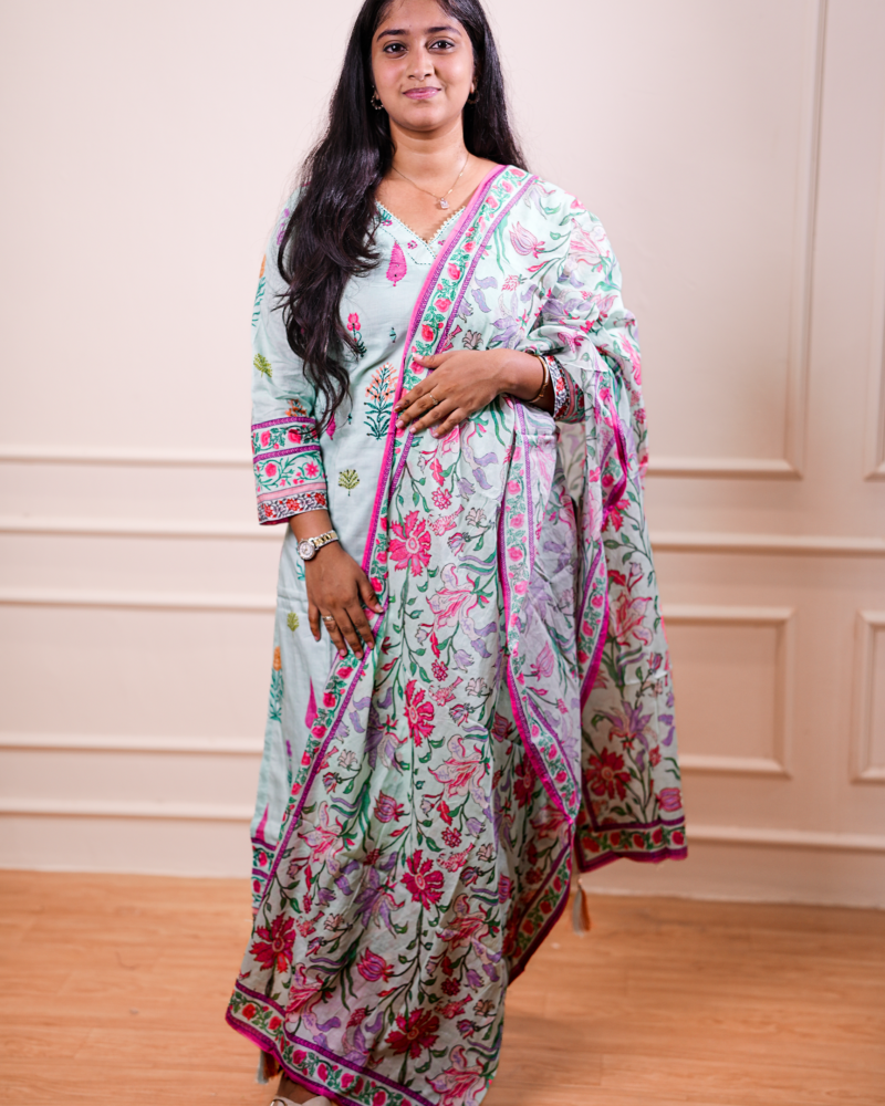 Floral Printed Kurta Set with Matching Dupatta – Mint Green