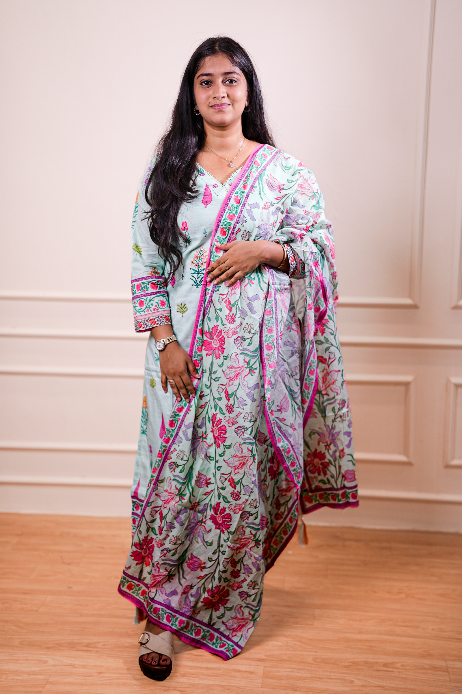 Floral Printed Kurta Set with Matching Dupatta – Mint Green