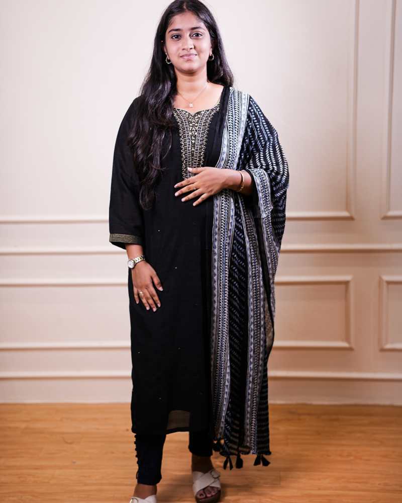 Embroidered Kurta Set with Printed Dupatta – Black & White