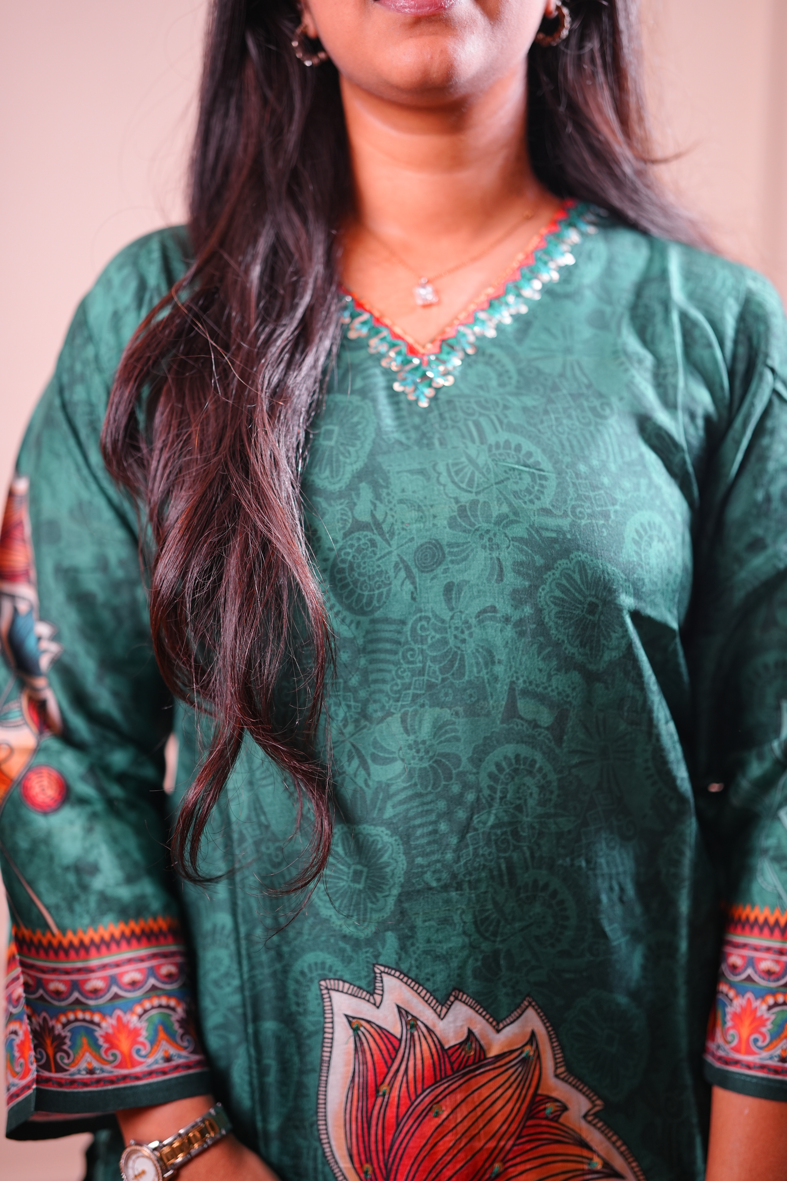 Printed Straight Kurta – Deep Green Floral Panel Design - Image 3