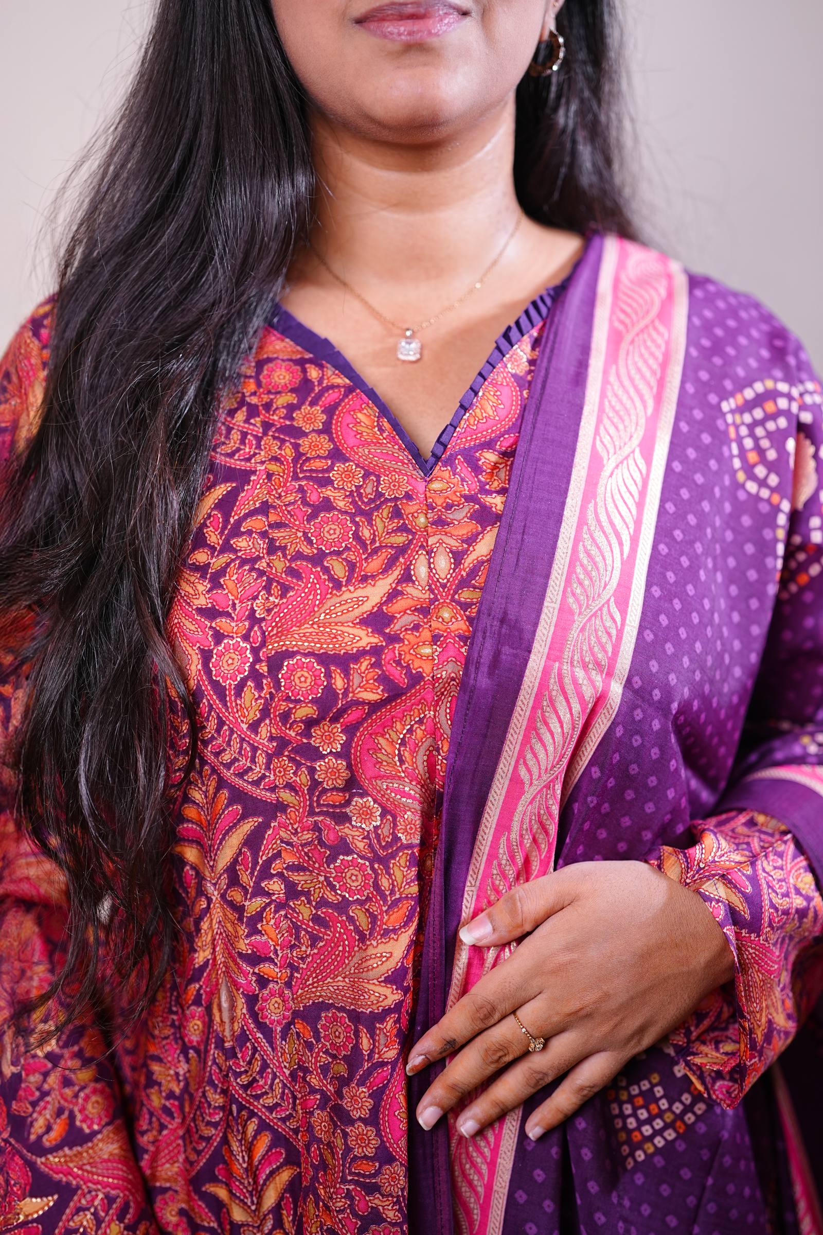 Printed Kurta Set with Dupatta – Purple & Pink - Image 3