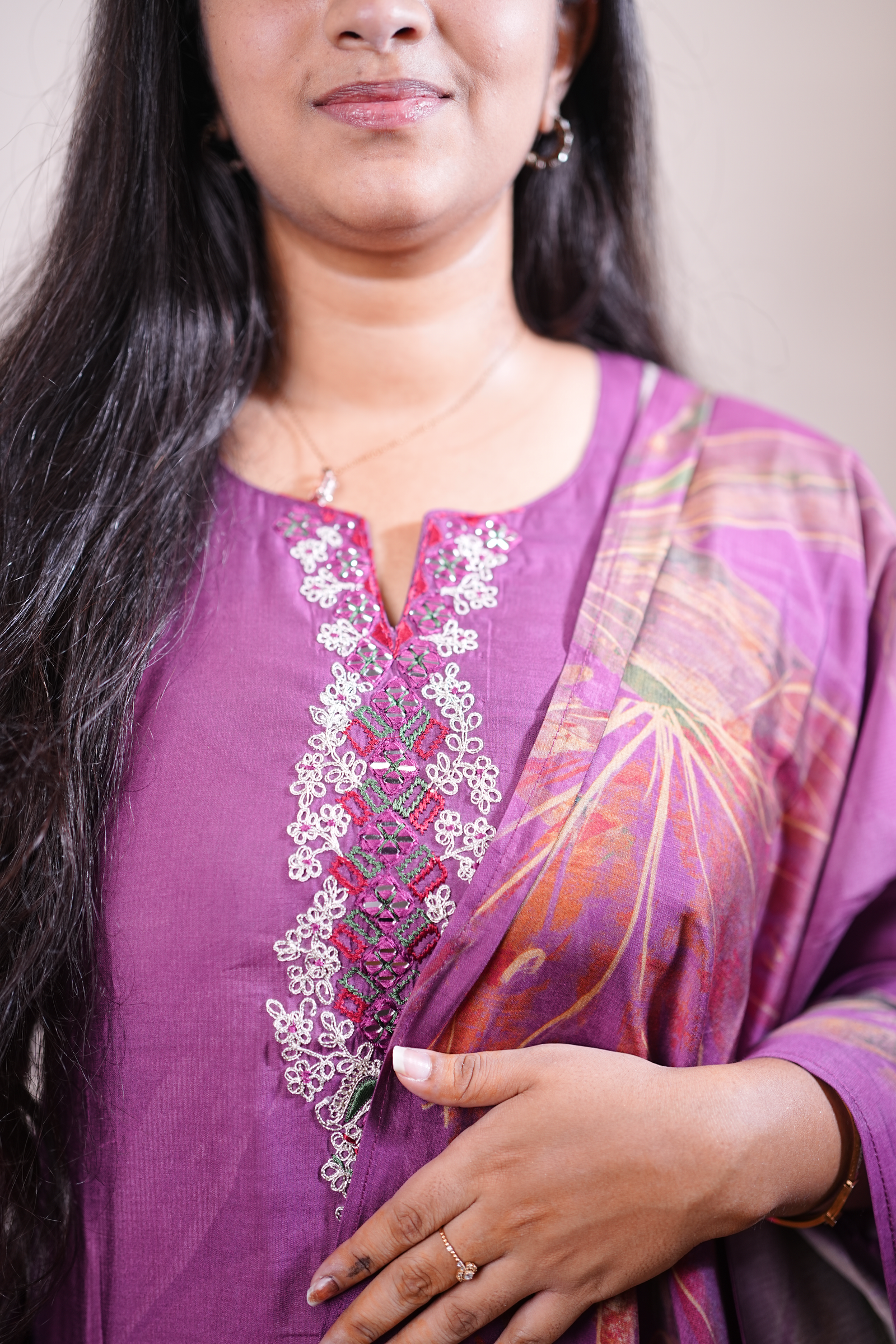 Plum Floral Printed Kurta Set with Dupatta - Image 3