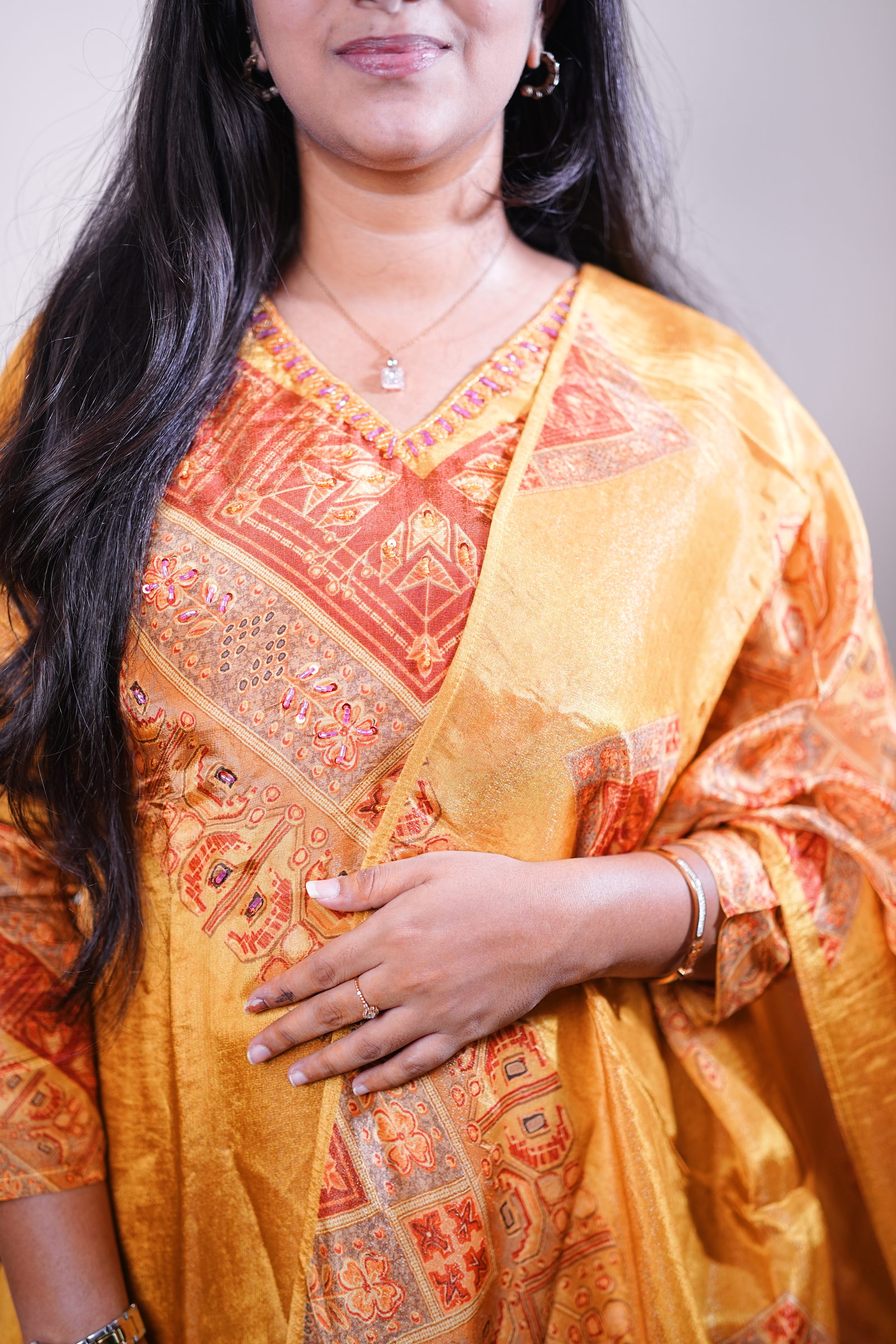 Golden Ochre Heritage Printed Kurta Set with Dupatta - Image 3
