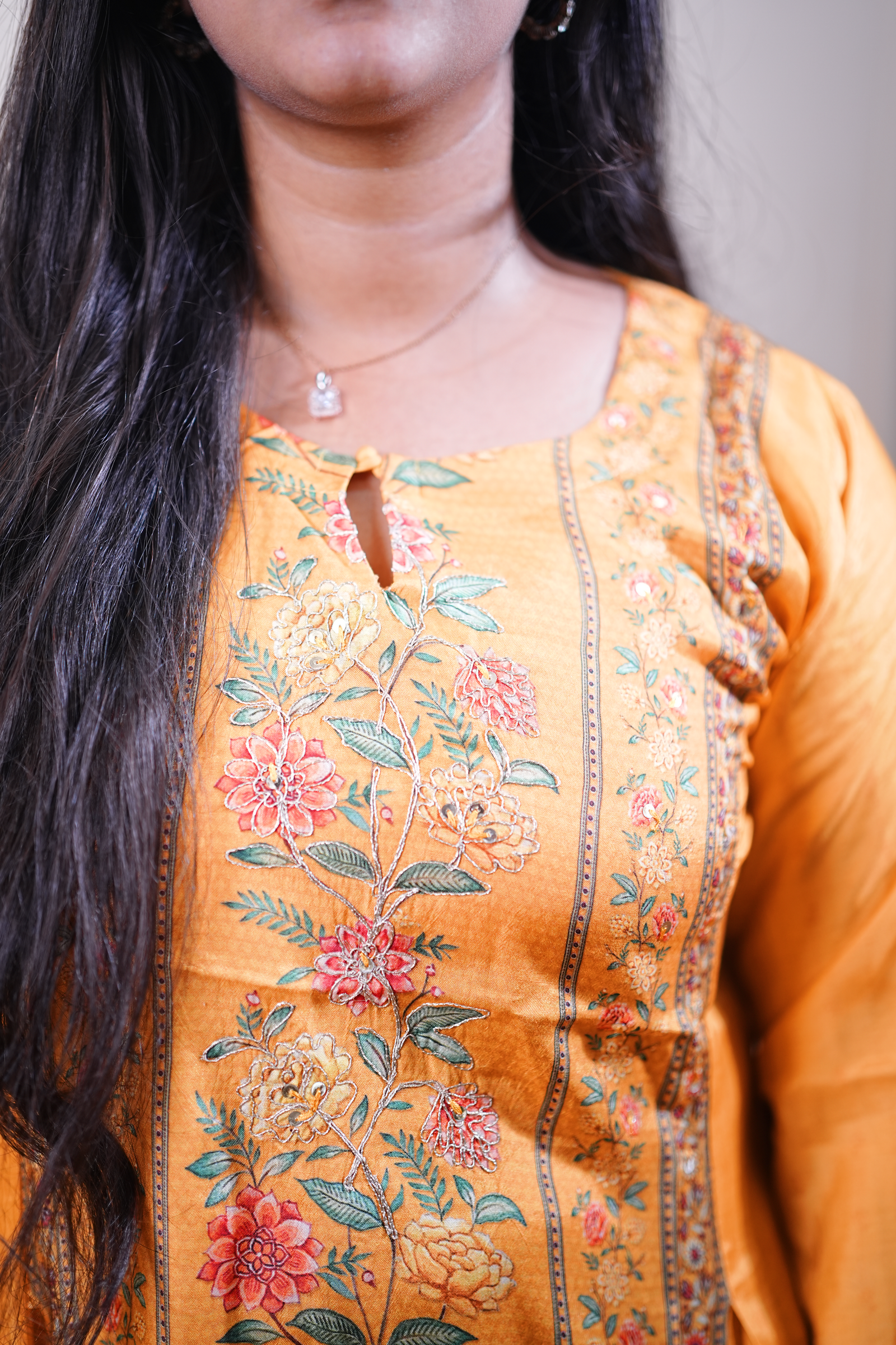Mustard Floral Panel Printed Straight Kurta - Image 3