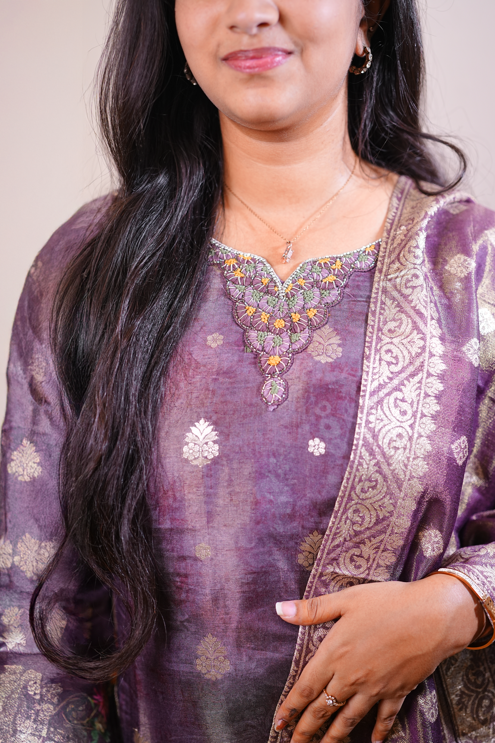Plum Purple Printed Kurta Set with Dupatta - Image 3