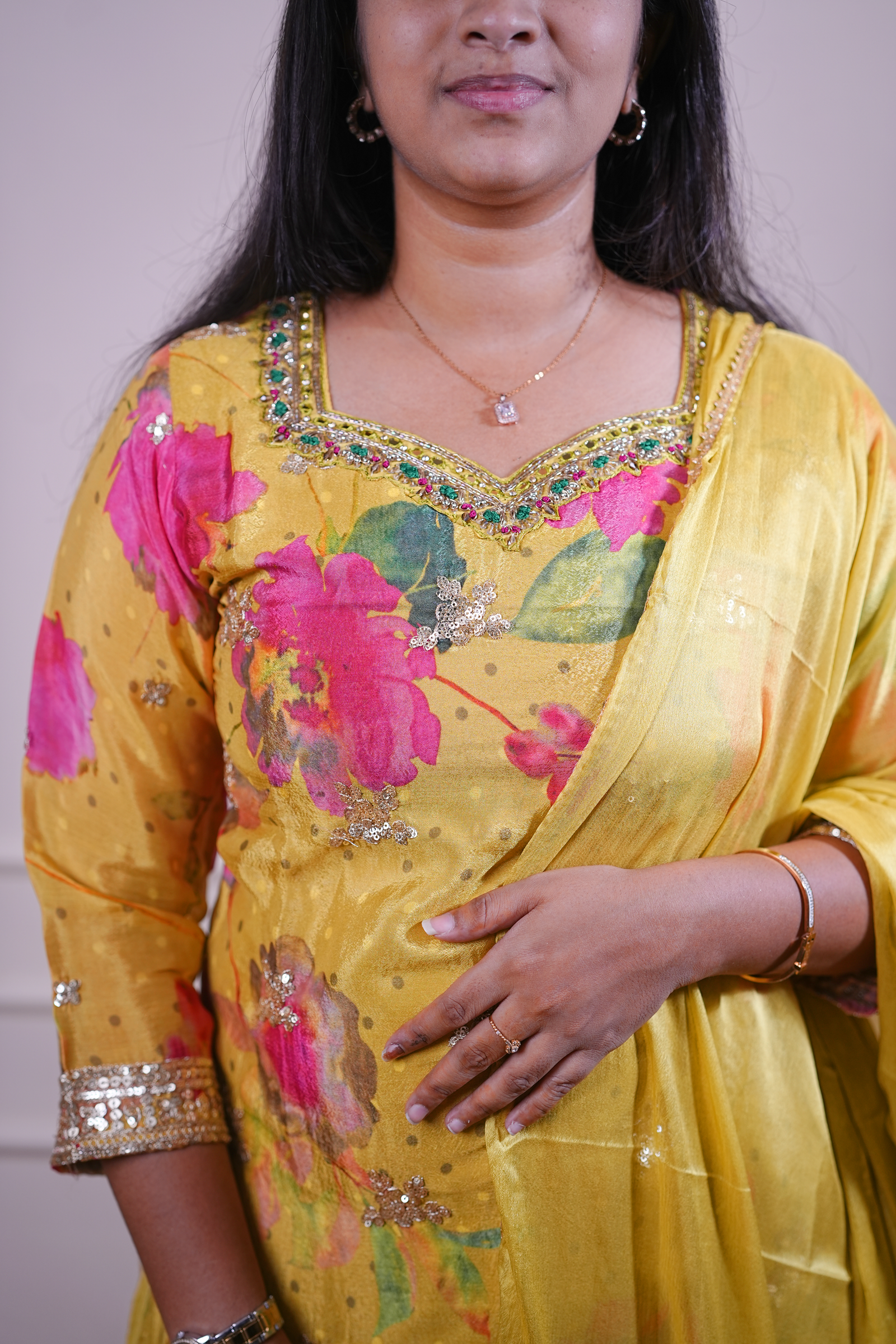 Mustard Floral Embroidered Kurta Set with Dupatta - Image 3