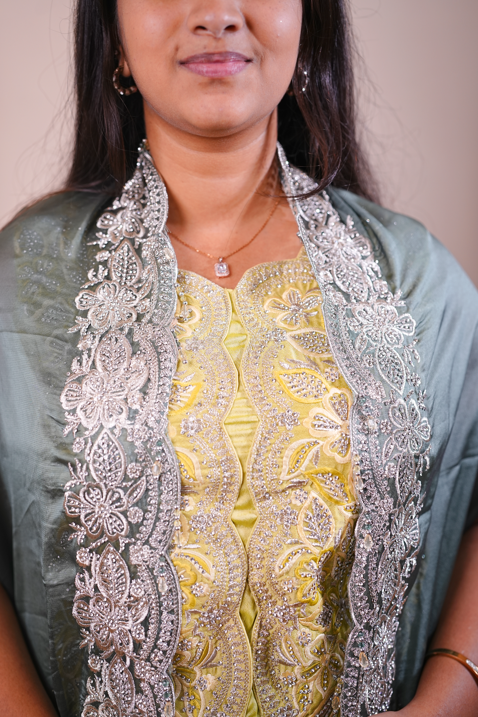 Lime Green Embroidered Kurta Set with Grey Cape Overlay - Image 3