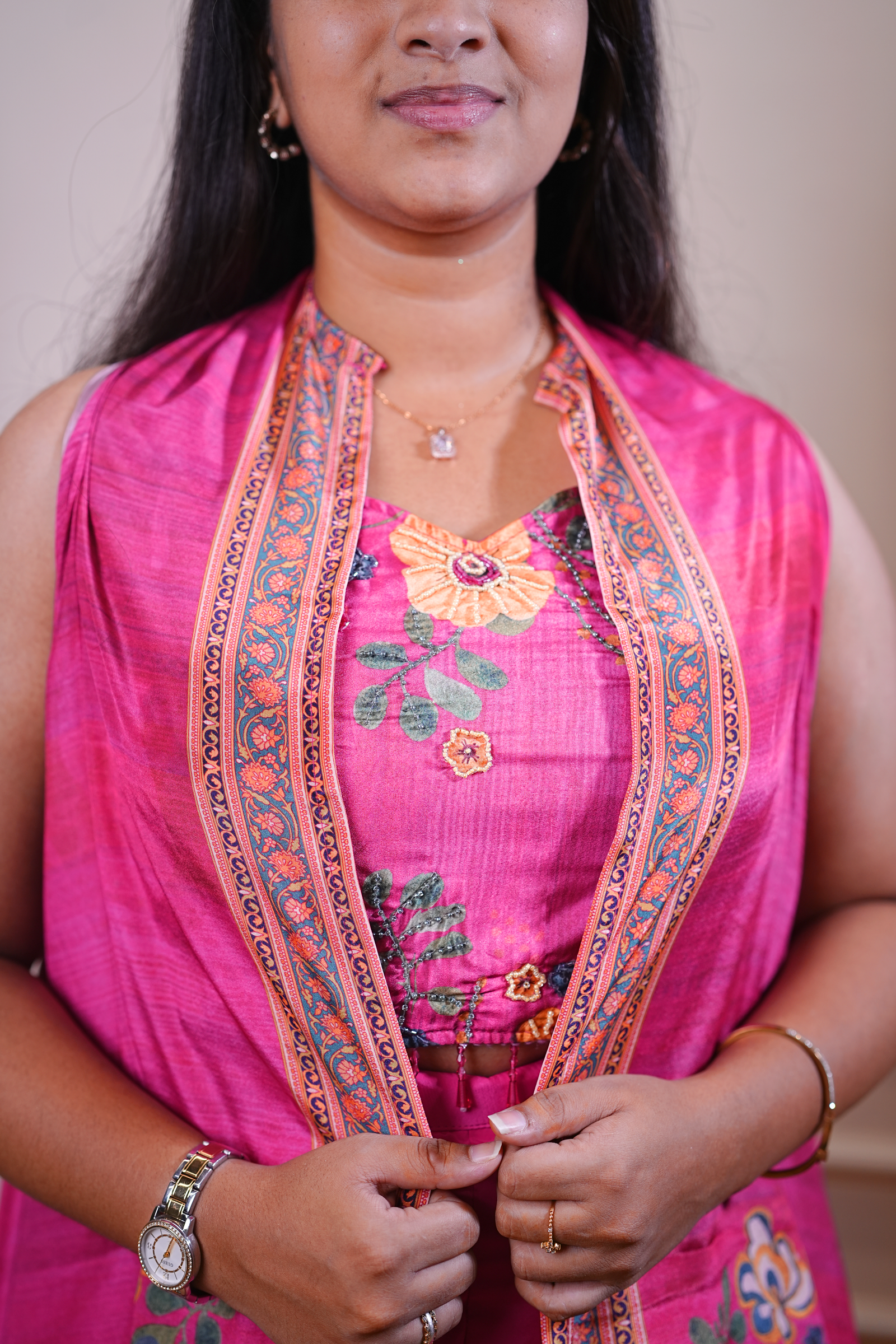 Pink Printed Kurta Set with Matching Jacket Overlay - Image 2