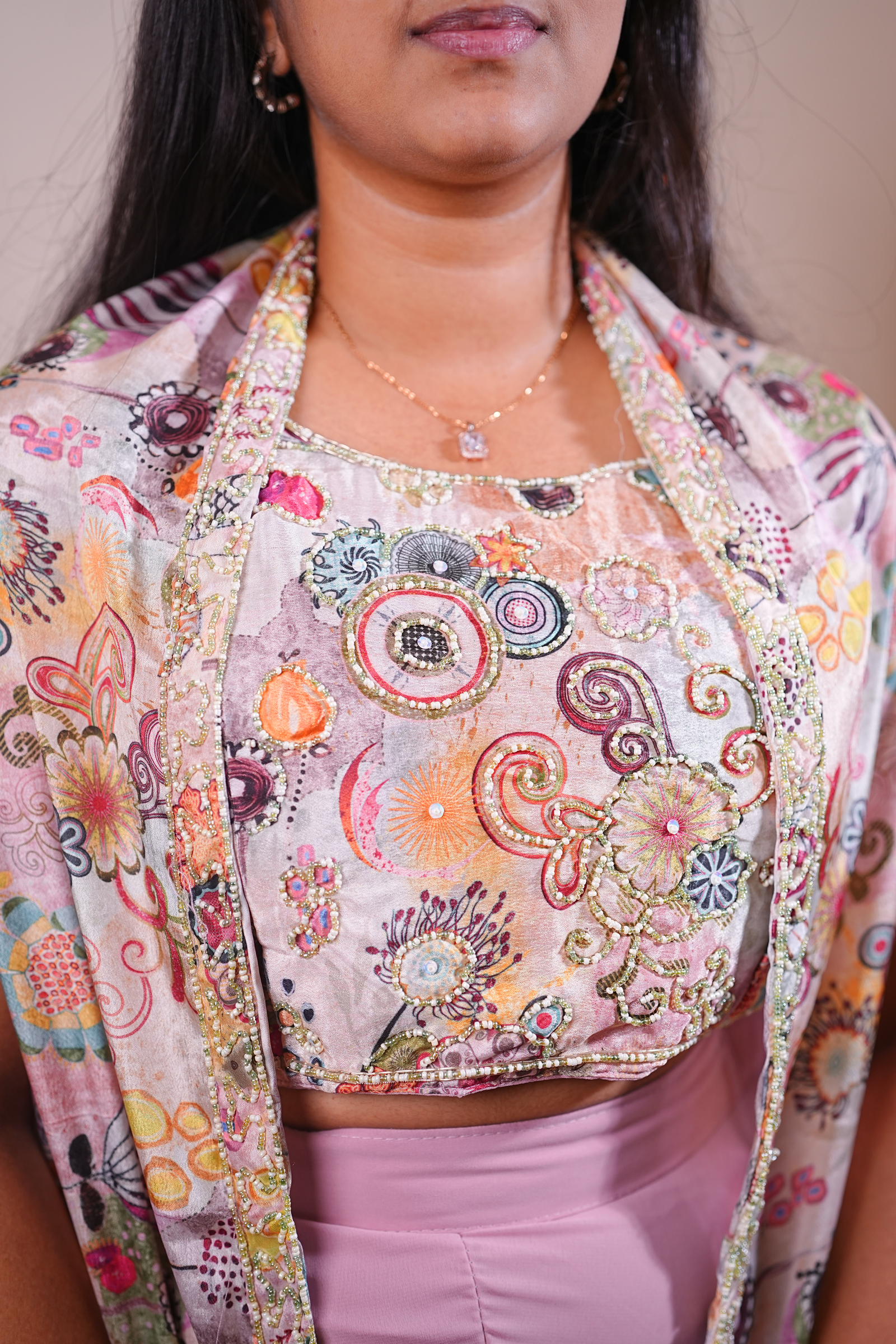 Pastel Pink Embellished Crop Top with Printed Jacket & Flared Palazzo Set - Image 3
