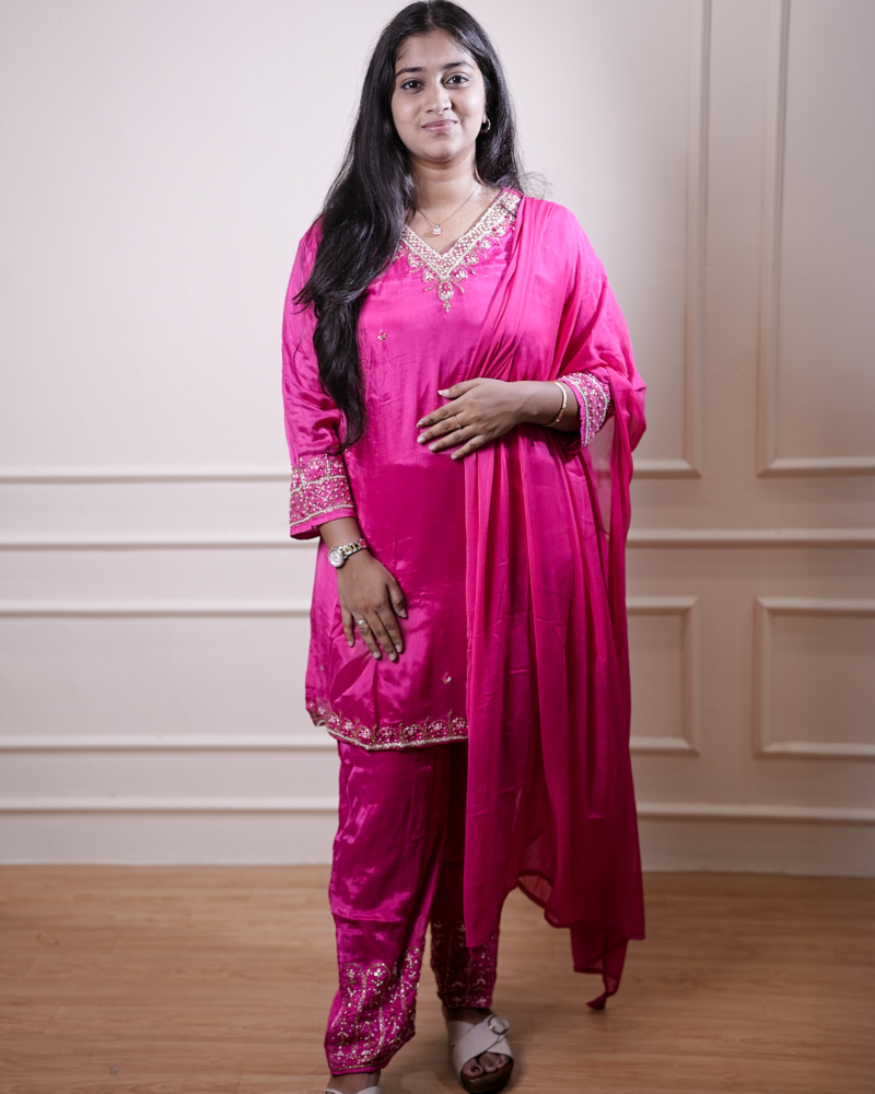 Rani Pink Embellished Kurta Set with Matching Dupatta