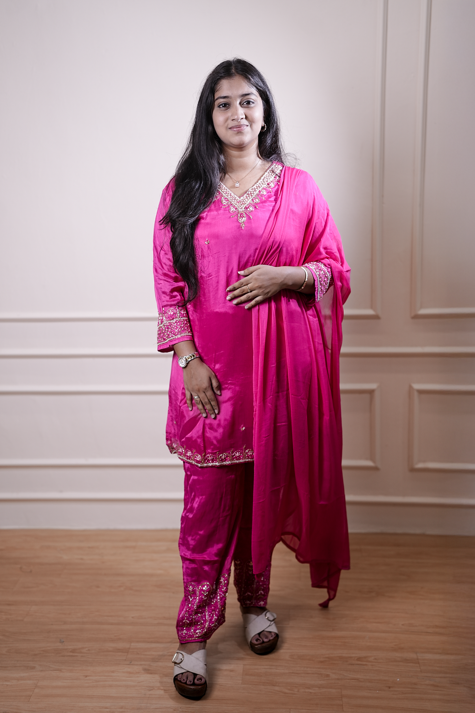 Rani Pink Embellished Kurta Set with Matching Dupatta