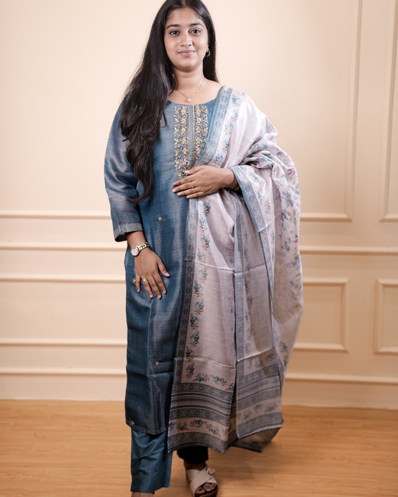 Steel Blue Embellished Kurta Set with Printed Dupatta