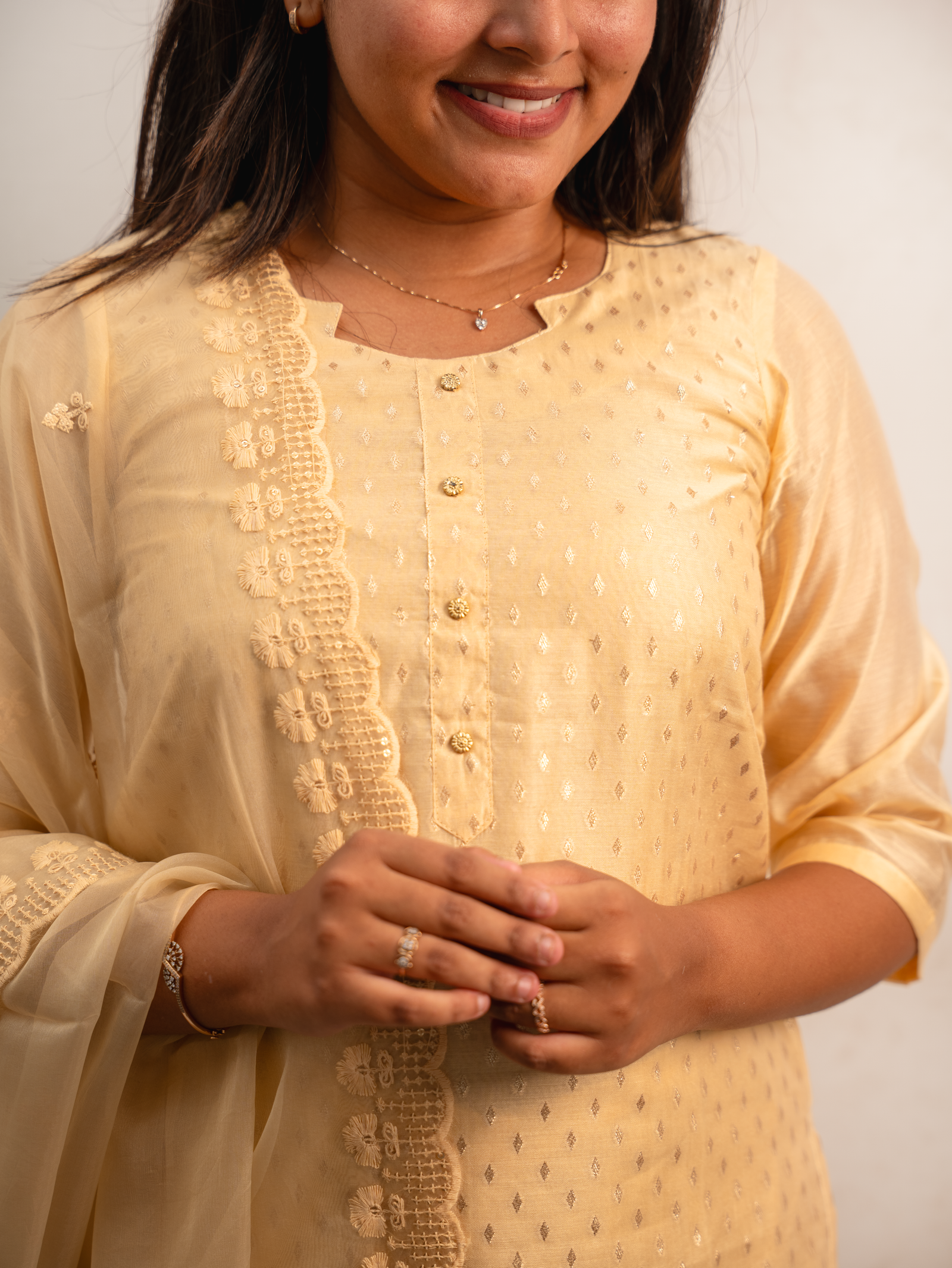 Mustard Embroidered Kurta Set with Lace Dupatta - Image 3