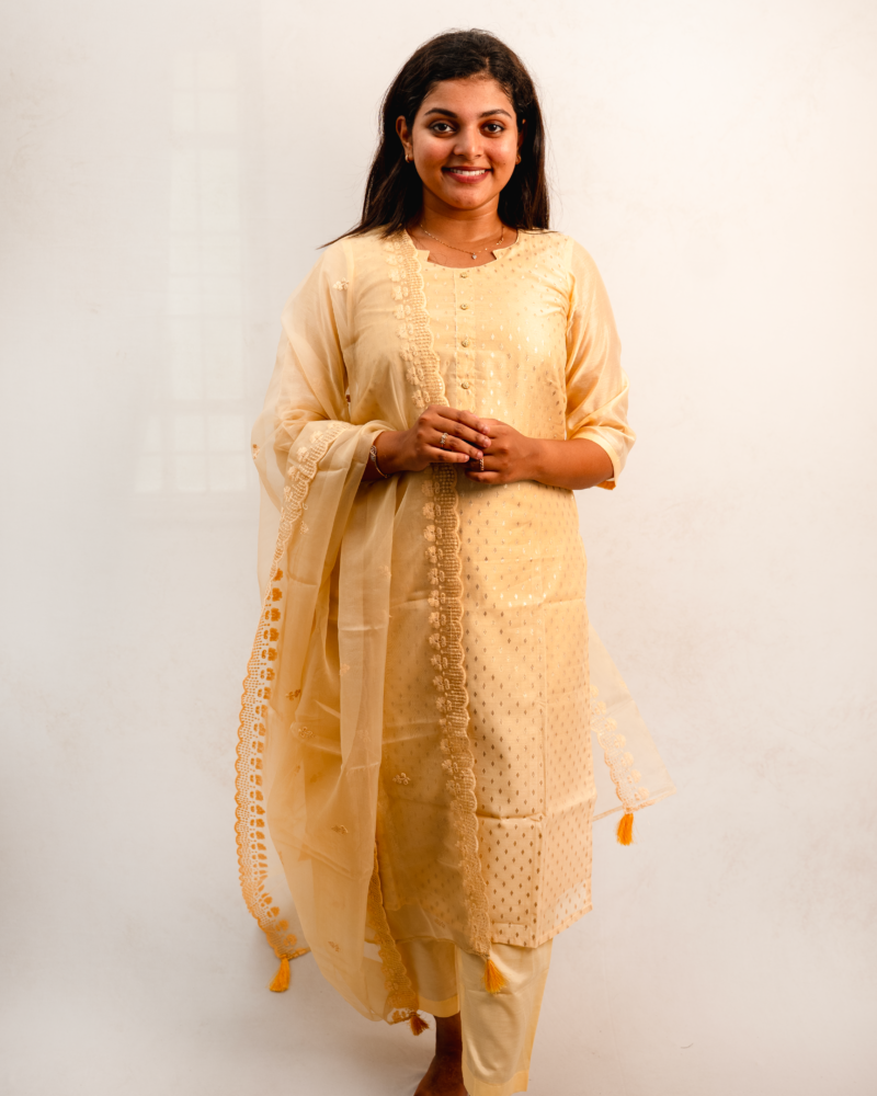 Mustard Embroidered Kurta Set with Lace Dupatta