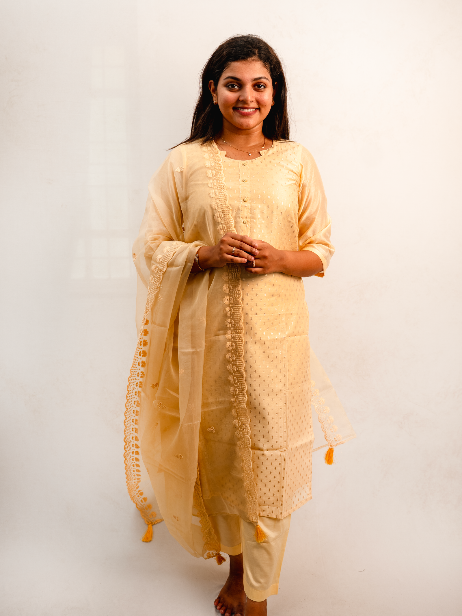 Mustard Embroidered Kurta Set with Lace Dupatta