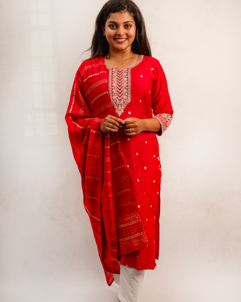Red Embroidered Kurta Set with Dupatta