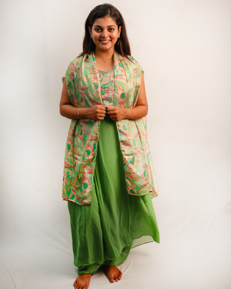 Green Floral Printed Layered Dress with Sheer Overlay Jacket