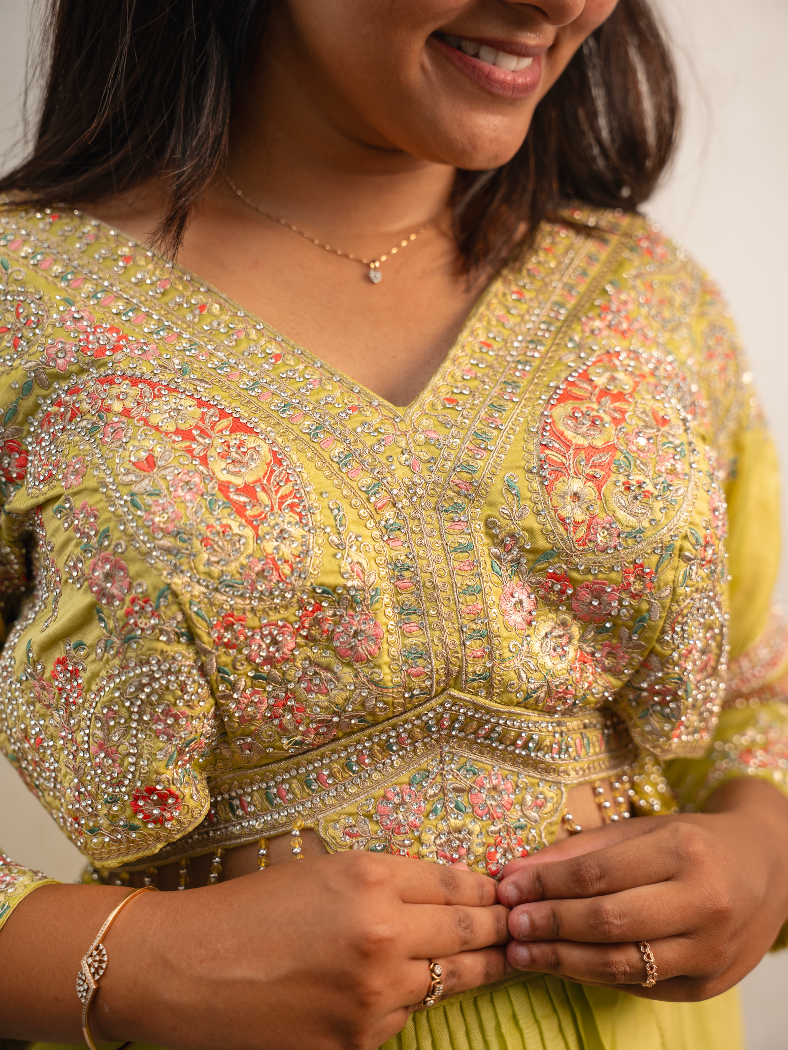 Lime Yellow Embroidered Dress with Layered Draped Skirt - Image 2