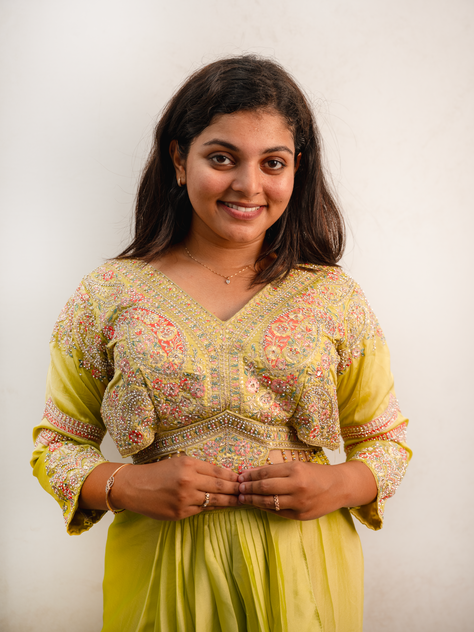 Lime Yellow Embroidered Dress with Layered Draped Skirt - Image 3