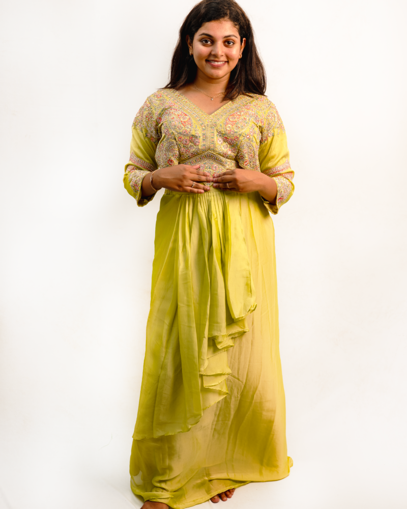 Lime Yellow Embroidered Dress with Layered Draped Skirt