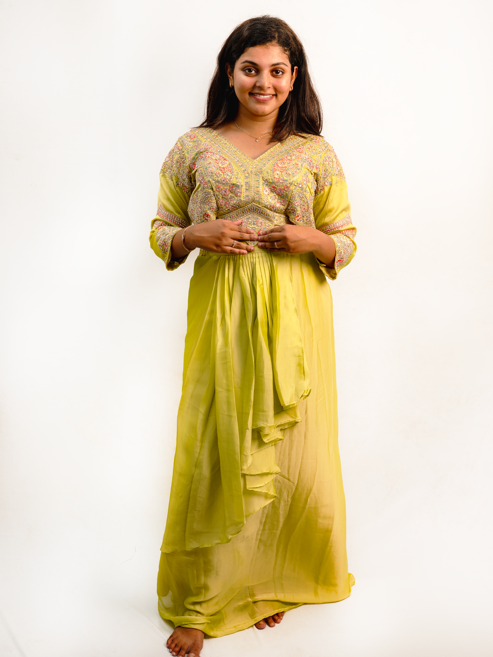 Lime Yellow Embroidered Dress with Layered Draped Skirt