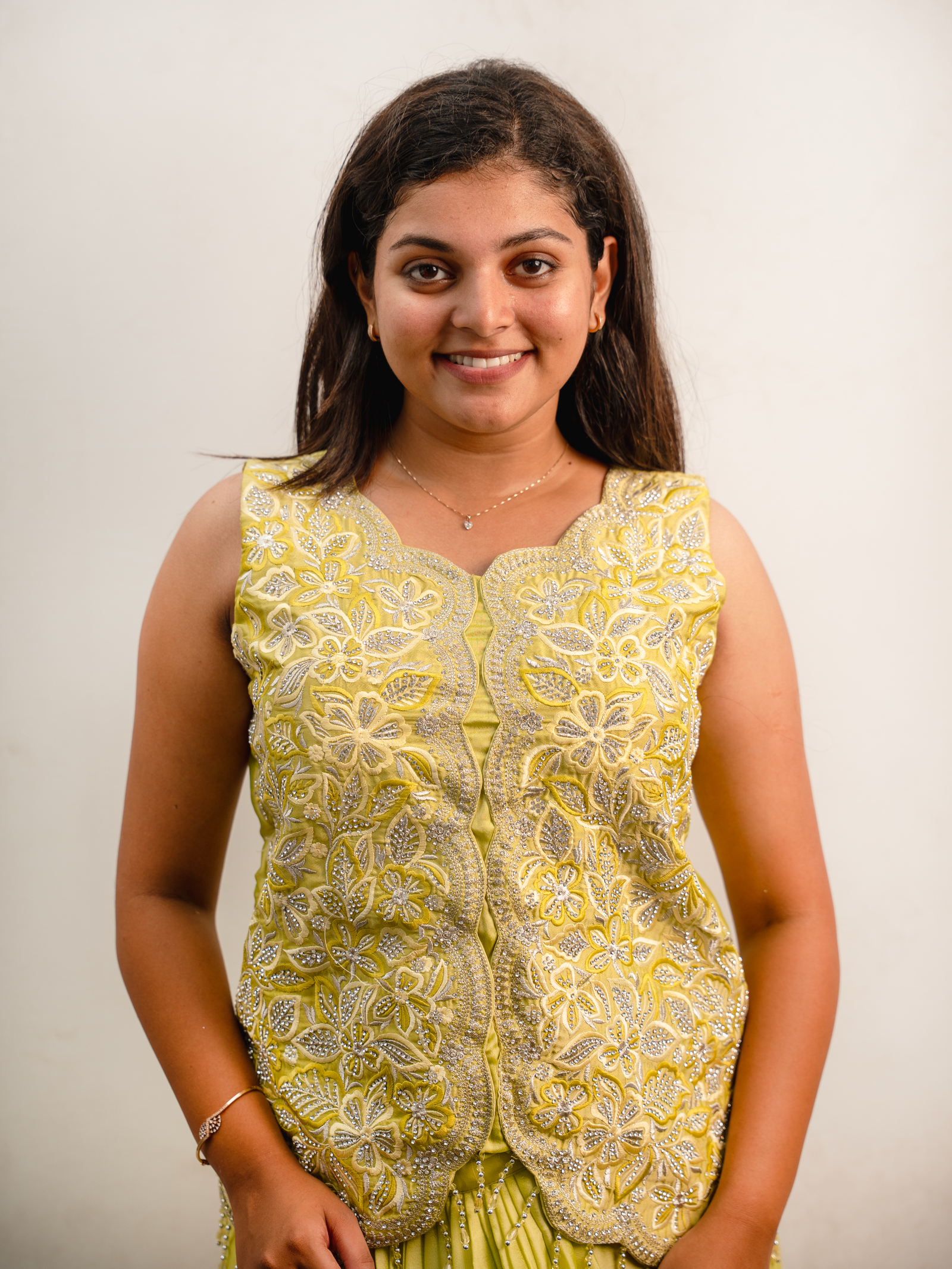 Lime Yellow Indo-Western Embroidered Jacket Set with Draped Skirt - Image 3