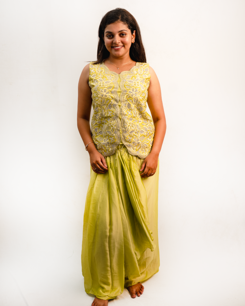 Lime Yellow Indo-Western Embroidered Jacket Set with Draped Skirt