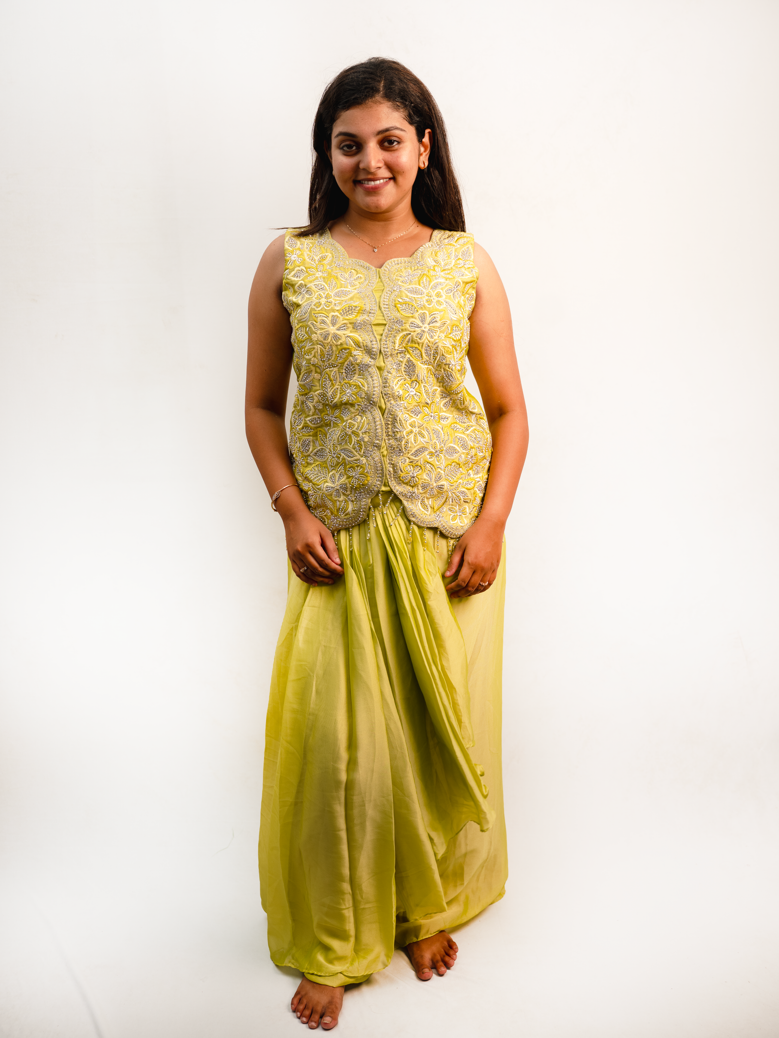 Lime Yellow Indo-Western Embroidered Jacket Set with Draped Skirt