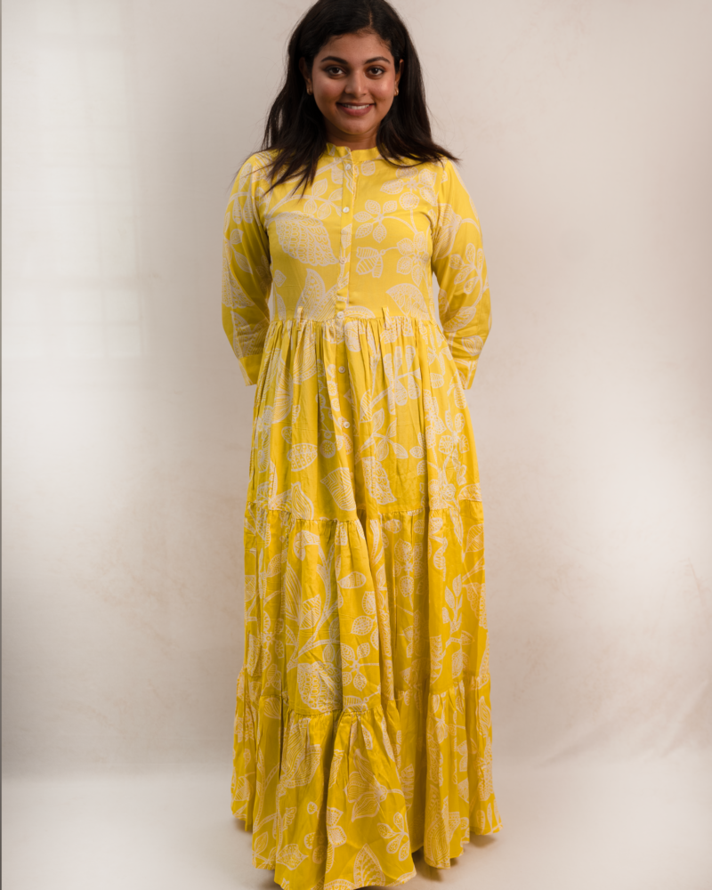 Yellow Floral Print Tiered Maxi Shirt Dress