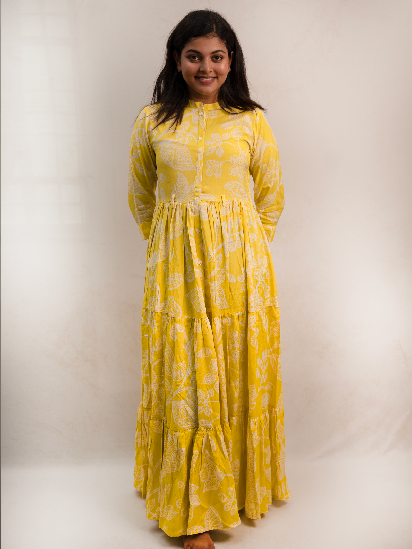 Yellow Floral Print Tiered Maxi Shirt Dress