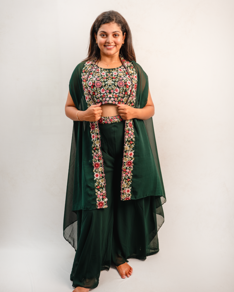 Emerald Green Indo-Western Embroidered Crop Top Set with Sheer Cape