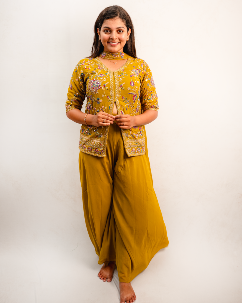 Mustard Yellow Indo-Western Embroidered Jacket Set with Draped Pants