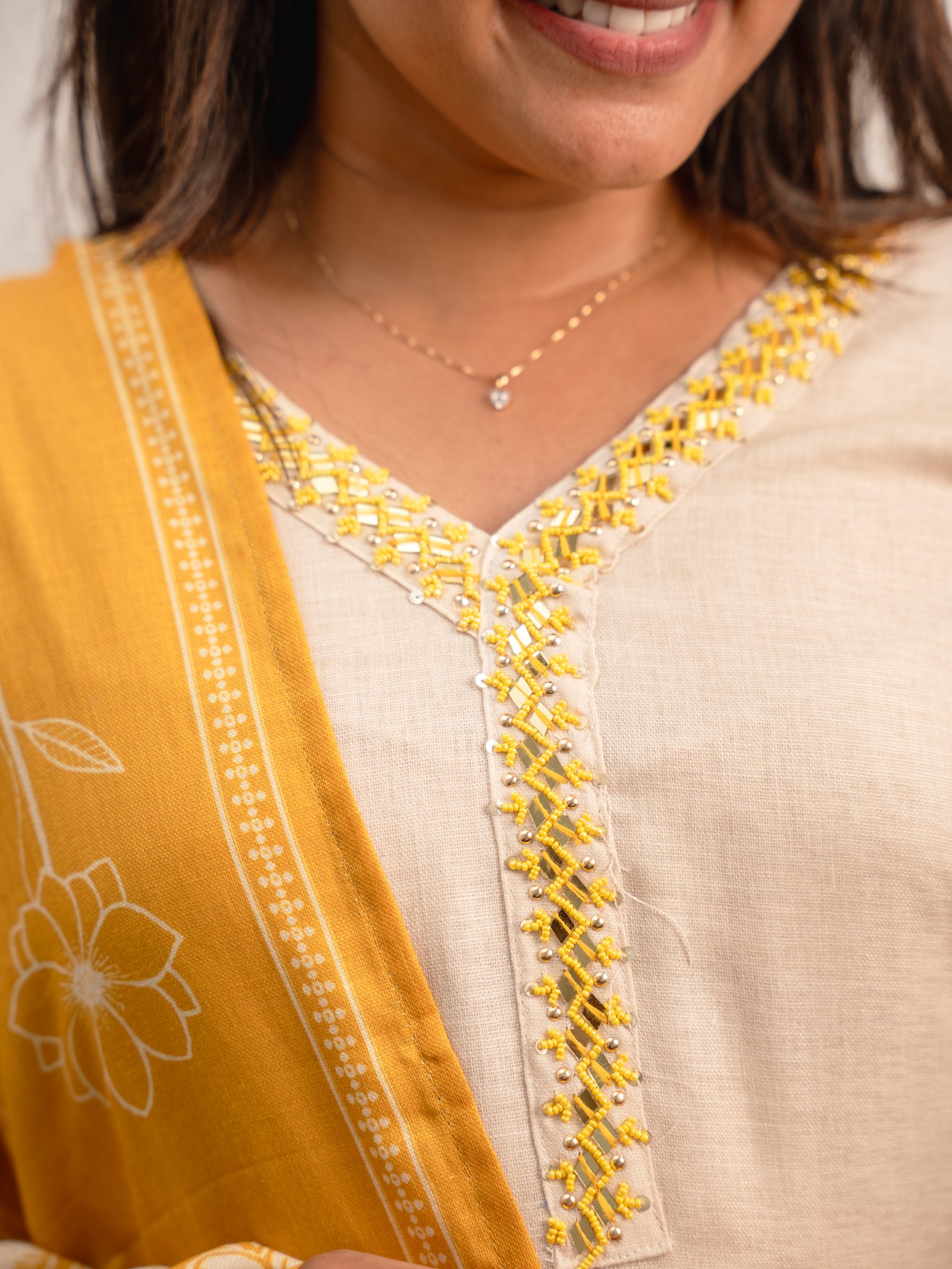 Beige & Mustard Indo-Western Floral Kurta Set with Dupatta - Image 2