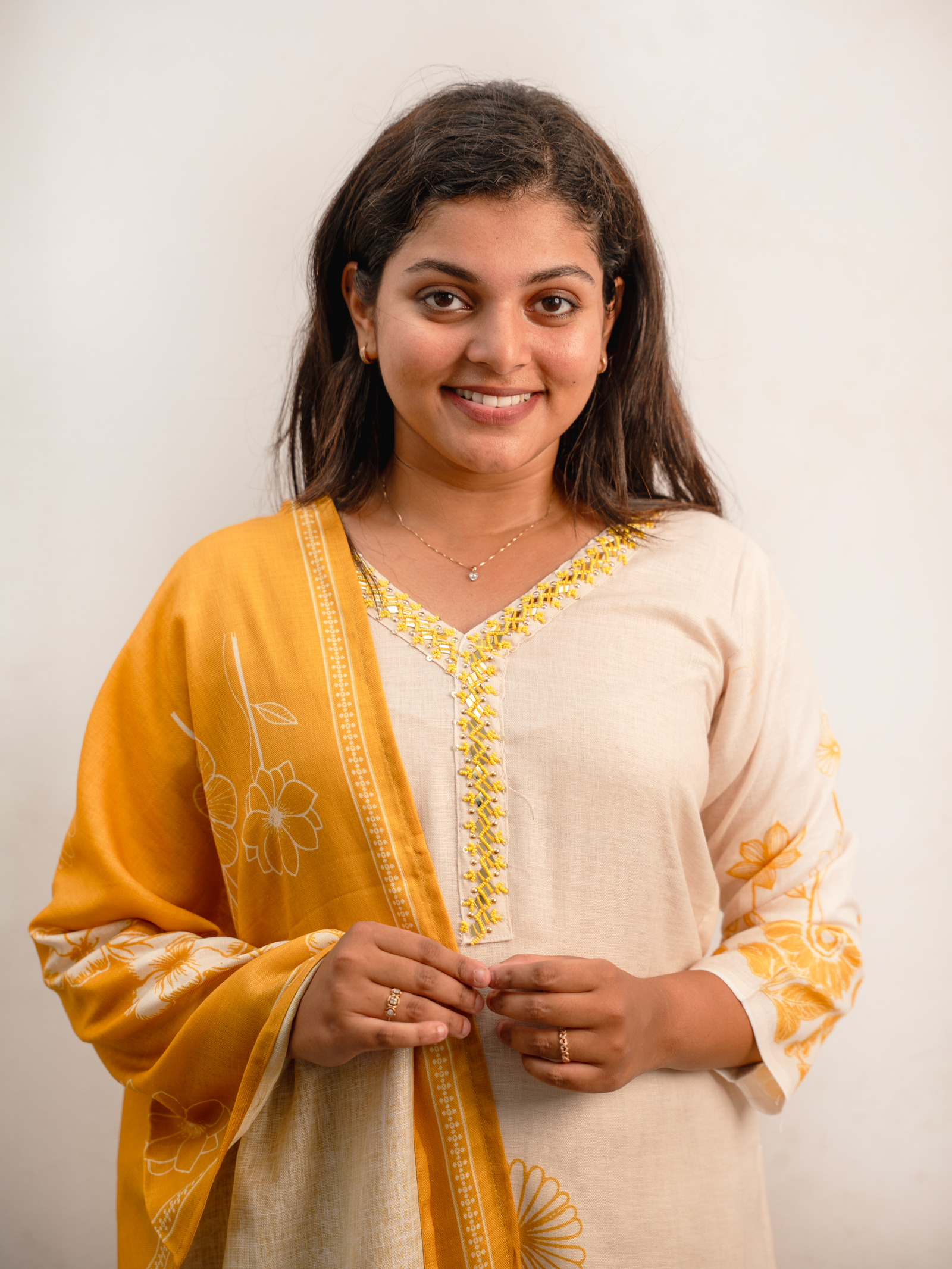 Beige & Mustard Indo-Western Floral Kurta Set with Dupatta - Image 3