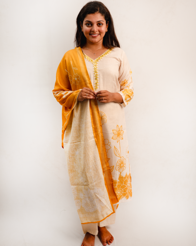 Beige & Mustard Indo-Western Floral Kurta Set with Dupatta