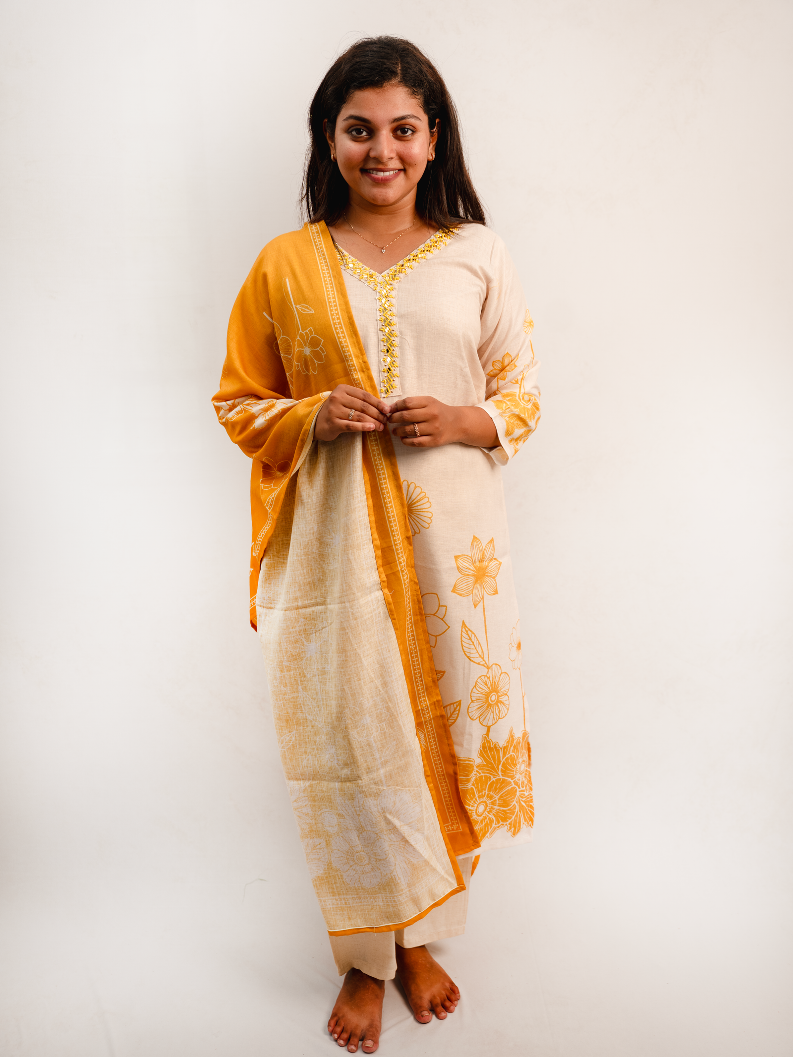 Beige & Mustard Indo-Western Floral Kurta Set with Dupatta
