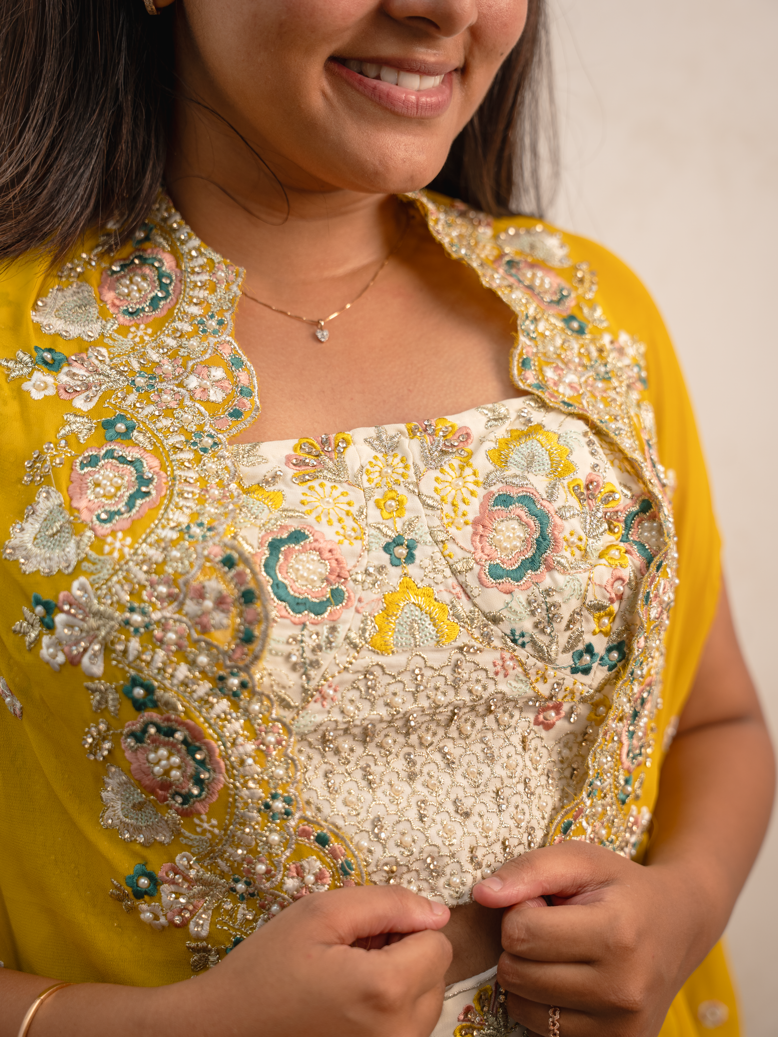 Sunshine Yellow Indo-Western Embroidered Cape Set with Crop Top & Palazzo Pants - Image 3
