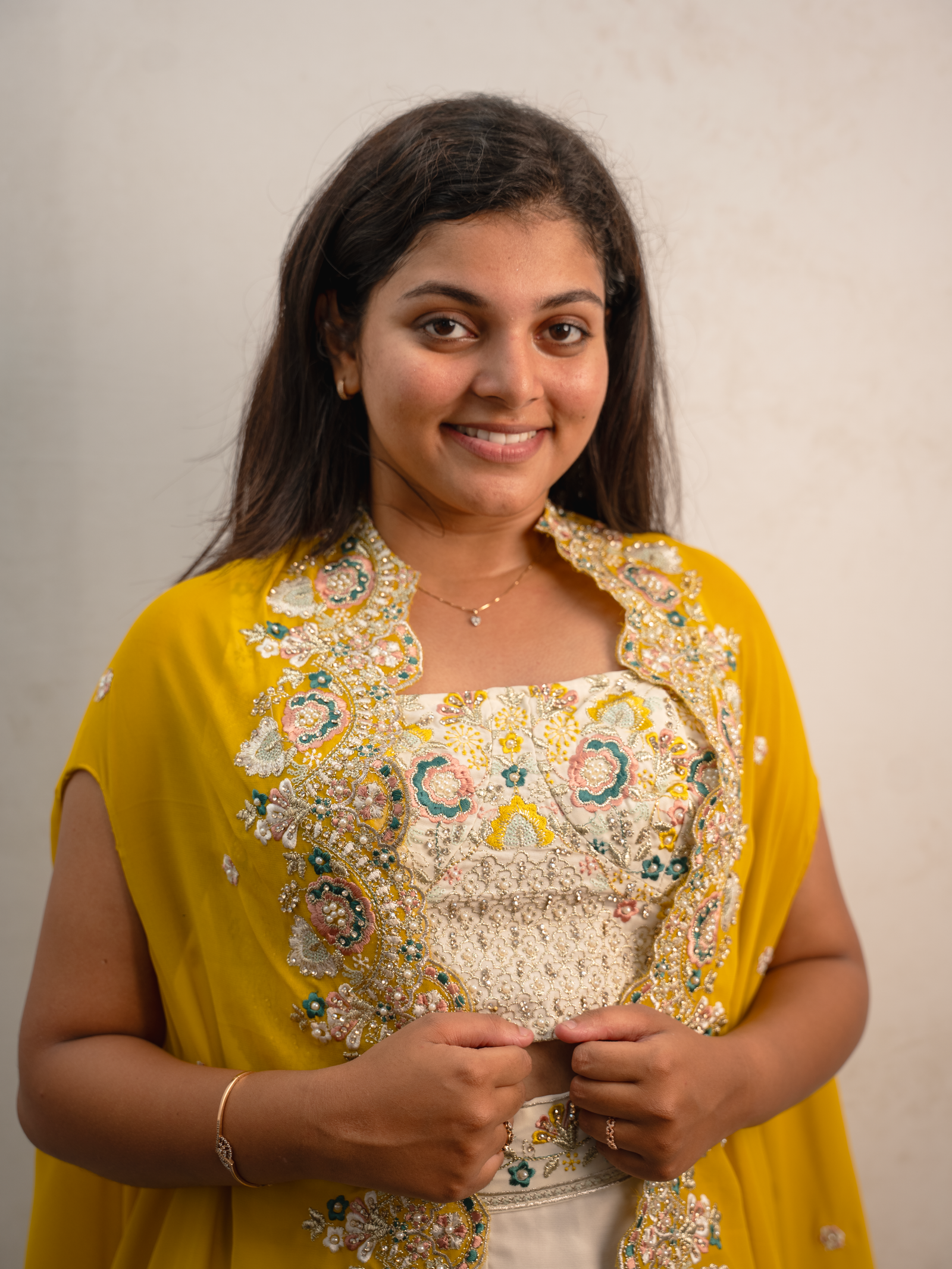 Sunshine Yellow Indo-Western Embroidered Cape Set with Crop Top & Palazzo Pants - Image 2