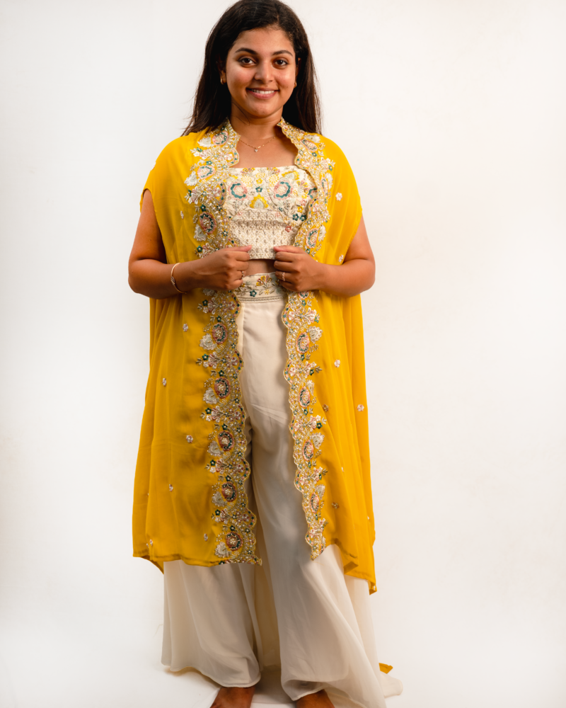 Sunshine Yellow Indo-Western Embroidered Cape Set with Crop Top & Palazzo Pants