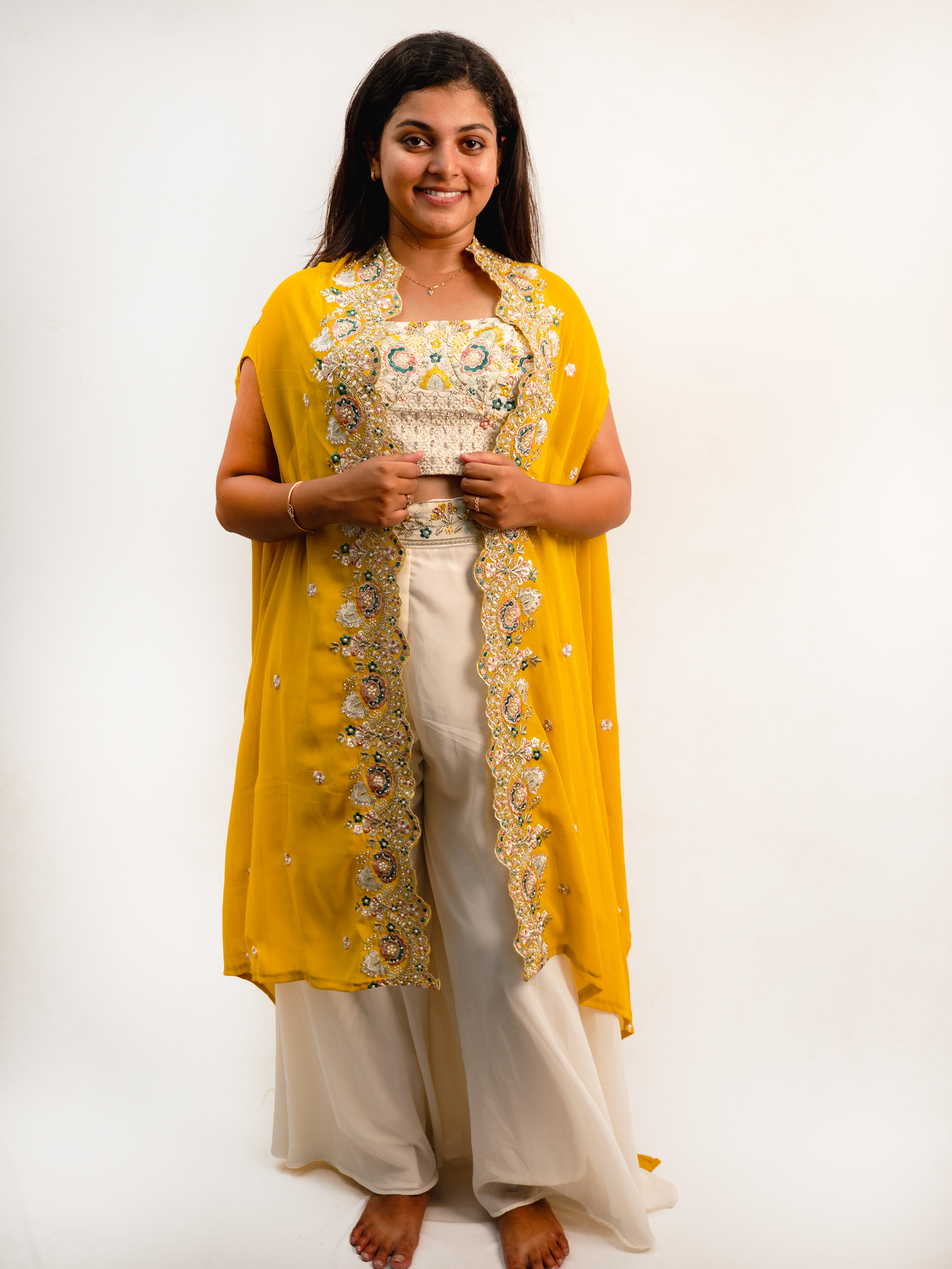 Sunshine Yellow Indo-Western Embroidered Cape Set with Crop Top & Palazzo Pants